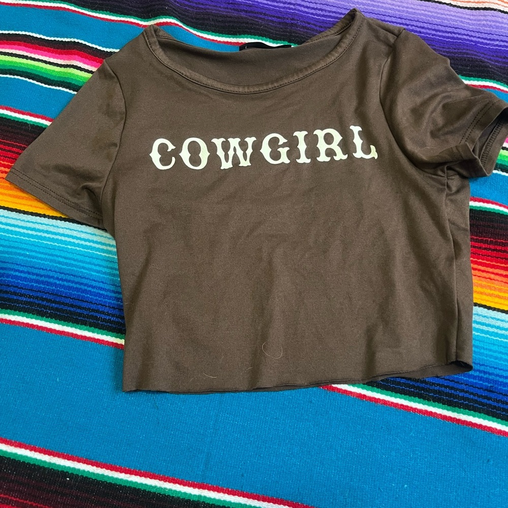 Cowgirl Crop Tee - Brown Graphic Top